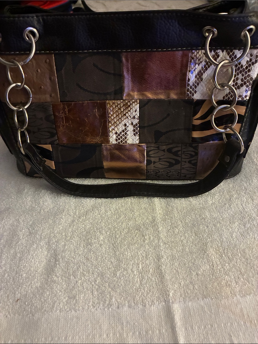 Vintage multi-texture patchwork Patterned Shoulder Bag with Black Trim Y2K
